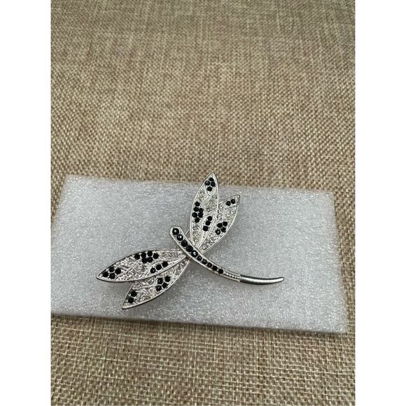 Dragon Fly Pin silver tone black rhinestone bug insect animal Brooch Pin - Picture 1 of 8
